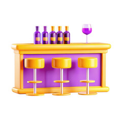 Poster - A vibrant 3D render of a modern bar featuring purple bottles, a glass, and bright yellow stools against an isolated background.