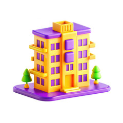 Poster - A playful 3D render of a colorful building model featuring yellow and purple colors, surrounded by miniature trees. Suitable for icons or illustrations.