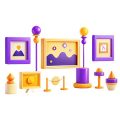Poster - This colorful 3D render showcases various artistic models including frames and decorative elements in vibrant purple and yellow hues.