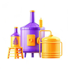 Poster - A visually striking 3D render of colorful brewing equipment including a purple kettle and yellow fermentation tank. Perfect for brewing themed designs.