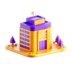 Poster - A vibrant 3D model of a modern building featuring purple and yellow colors, complete with trees and grass. The architecture is playful and stylized.