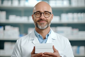 Wall Mural - A man in a white lab coat is holding a white box