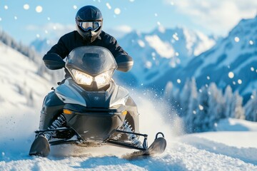 Wall Mural - A man is riding a snowmobile down a snowy mountain