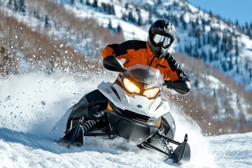 A man is riding a snowmobile down a snowy mountain