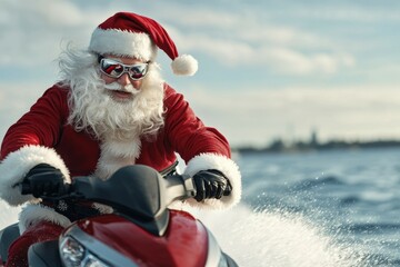 Wall Mural - Santa Claus riding a jet ski on a lake