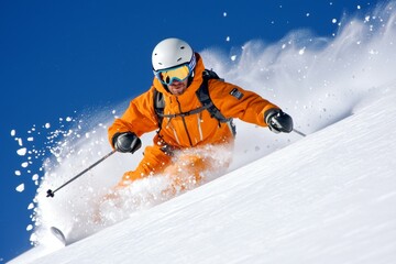 Wall Mural - A man in an orange jacket is skiing down a snowy slope