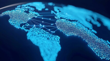 Poster - Global Connectivity Network, vibrant dots forming a world map, symbolizing the internet of things, showcasing the interconnectedness of global communication and technology.