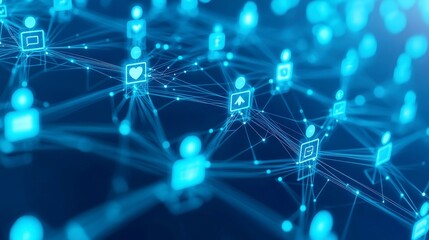 Poster - Global Digital Connectivity, a vibrant illustration of interconnected data networks and social media icons, symbolizing seamless global communication and technological integration.