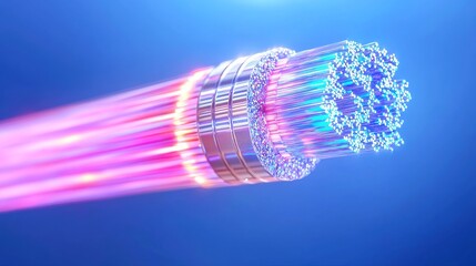 Poster - Luminous Fiber Optic Network, vibrant strands of light emitting from a central source, illuminating the surrounding area with colorful glows against a dark background, high-tech ambiance
