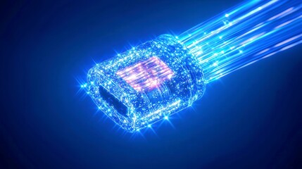 Poster - Illuminated Fiber Optic Cable, vibrant strands of light intertwining in dark space, showcasing the beauty of technology and illumination in a captivating display.