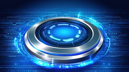 Poster - Futuristic Blue and Silver Circular Interface with Glowing Lines and Digital Code