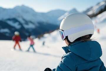 A young girl is sitting on a snowboard, wearing a helmet and goggles