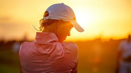 Sunset Golfing Experience, A professional golfer swings on a serene course as the sun sets, capturing leisure and camaraderie in a vibrant outdoor lifestyle scene.