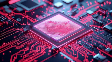 Poster - Futuristic Circuitry Visualization, an intricate design showcasing seamless print circuit technology, dynamic electrons, CPU data processing, and animated HUD screen elements in a digital landscape.