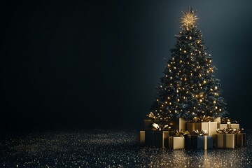 christmas tree adorned with golden gifts on dark background leaving ample space for design and text