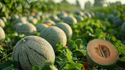 Poster - This field filled with ripe melons, showcasing the harvest ready for picking in bright sunlight.