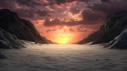 Wall Mural - A breathtaking sunset over serene sand dunes framed by majestic rocky outcrops in a tranquil landscape