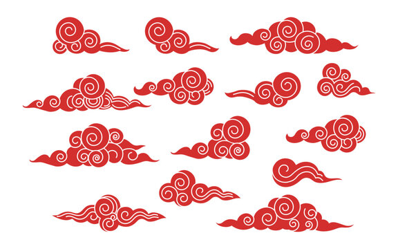 Chinese New Year. Year of the snake. Zodiac sign. Modern trendy design. Symbol of 2025. Set of Clouds in Asian style. Craft Template.  Lunar concept. Paper cut. Elements, shapes, geometric. Isolated