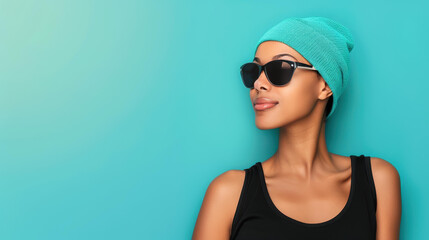 Vibrant and stylish portrait of a confident woman in sunglasses against a vivid background, showcasing bold beauty and flair.