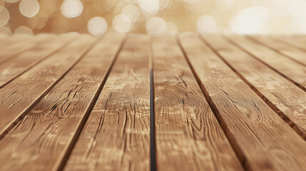 A clean wooden deck table set against a soft Bokeh background, ideal for showcasing products in a digital montage.