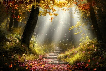 Aufkleber - Sunbeams Filtering Through Autumn Forest with Stone Steps