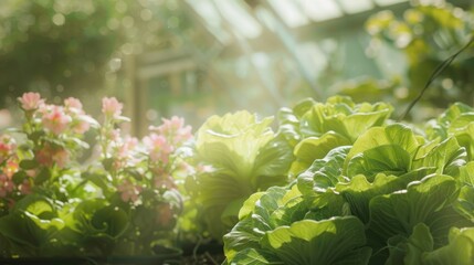 Wall Mural - Sunlit Garden with Greenery and Pink Flowers