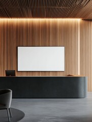 Wall Mural - White Wall Mockup of a Blank Screen in a Modern Reception Desk Interior Design Featuring Wooden Panels and Black Accents