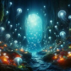 Mystical underwater cave with glowing sea creatures