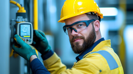 A skilled worker in safety gear operates machinery in an industrial environment, showcasing precision and professionalism in their tasks.