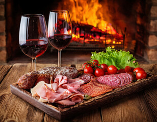 Two glasses of red wine and a charcuterie board featuring salami, ham, sausage, tomatoes, and assorted vegetables, set cozily in front of a warm fireplace.