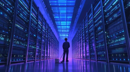 Poster - Technician Organizing Data Center with Cleaning Equipment