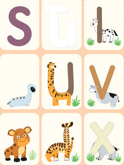 Alphabet printable flashcards vector collection with letter S T U V W X. Zoo animals for english language education.