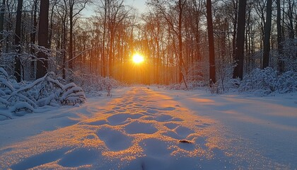 Poster - Golden Sunset Light Reflecting on Snowy Forest Path