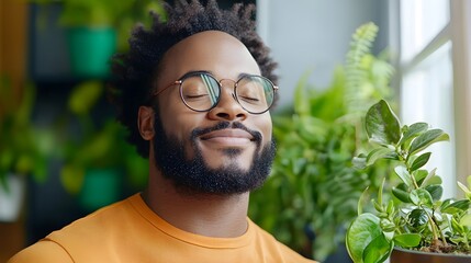 Cheerful man in glasses standing by the window eyes closed soaking in the warmth and comfort of the peaceful indoor sunlight moment