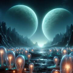 Otherworldly landscape with two moons and glowing plants