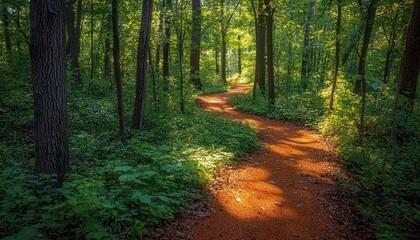 Poster - A Winding Forest Path Bathed in Sunlight