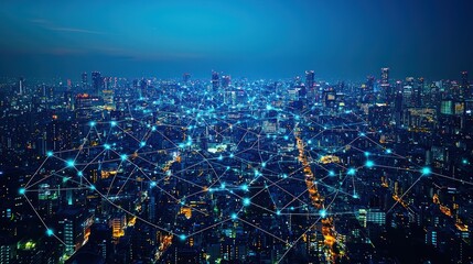 Fototapete - Aerial View of a Modern City at Night with Connected Network Lines