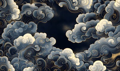 Wall Mural - A pattern design based on a traditional Japanese cloud motif in a blue color , Generative AI