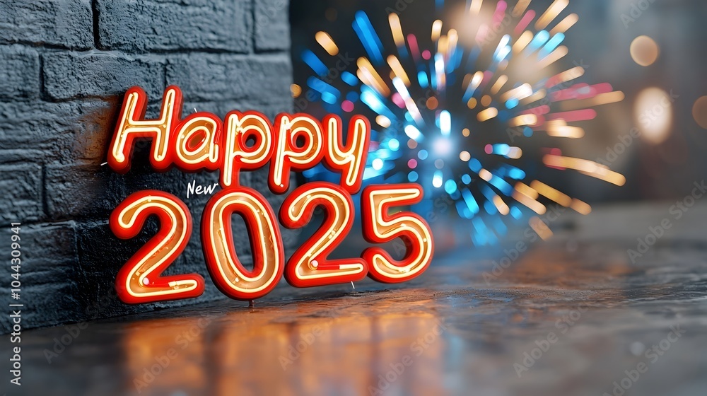 ภาพประกอบ Stock Glowing neon Happy New Year 2025 text in vibrant colors ...