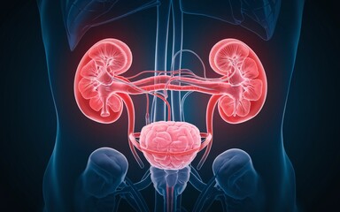 3D medical illustration of the human kidneys and bladder.