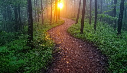 Poster - A winding path through a sunlit misty forest