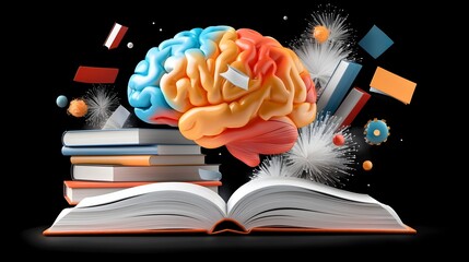 A colorful brain floating above a stack of books merging abstract designs and vibrant colors to symbolize the power of creativity learning and intellectual growth