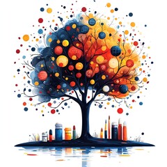 Poster - Tree Transforming into Various Art Supplies Symbolizing the Creative Growth and Expression in a Flat Design on a White Background
