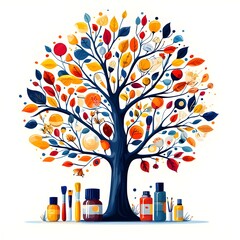 Poster - Tree Transforming into Supplies   Flat Design Depicting Creative Growth Expression and Versatility of Art Materials on Isolated White Background