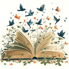 Poster - Conceptual of a book transforming into a swarm of floating pages representing the idea of knowledge creativity and taking flight  Flat design style on a clean white background