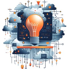 Poster - Innovative technology concept of a lightbulb morphing and transforming into a computer device representing the convergence of creativity and digital intelligence