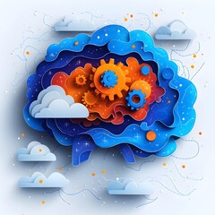 Poster - brain transforming into gears illustrates the concept of mental processes creativity and innovation 