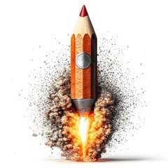 Poster - Pencil Transforming into a Rocket Symbolizing the Concept of Creativity and Productivity Flat Design Style on Isolated White Background