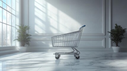 Empty shopping cart in a bright modern interior with large windows perfect for promoting retail shopping experiences and store-related concepts. Great for business or commercial use.. Generative AI