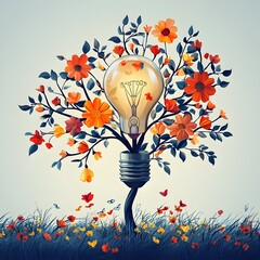 Poster - Idea Bulb Transforming Into a Lush Green Tree Concept of Innovative Ideas Blossoming and Flourishing on a Clean White Background